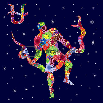Alternative Zodiac sign Ophiuchus with flowers fill over starry 