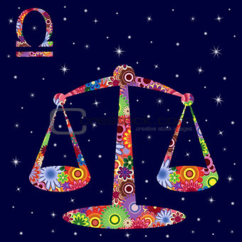 Zodiac sign Libra with flowers fill over starry sky