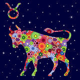 Zodiac sign Taurus with flowers fill over starry sky