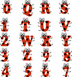 Alphabet in ladybug style, in red and black color
