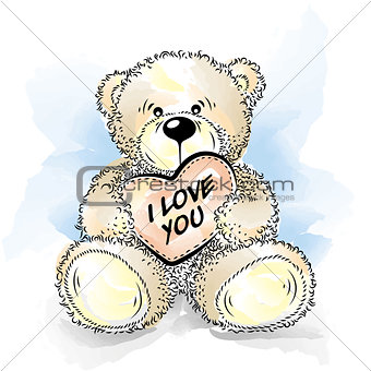 Drawing Teddy Bear with heart. Color vector illustration