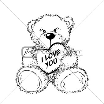 Drawing Teddy Bear with heart. Vector illustration