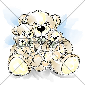 Drawing Teddy Bears with bow. Color vector illustration