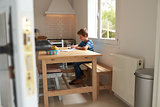 Boy Doing Homework Sitting At Kitchen Table