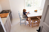 Boy using tablet in kitchen, elevated view from doorway