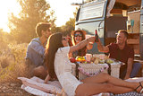 Friends having a picnic beside a camper van making a toast