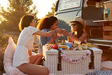 Three female friends make a toast at a picnic