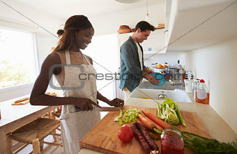Young adult couple  preparing food for a dinner party