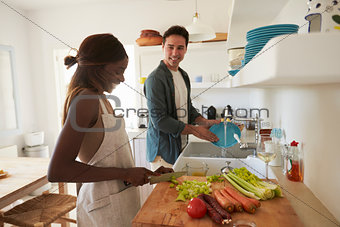 Young adult couple  preparing food for a dinner party