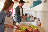 Young adult couple  preparing food, woman in foreground