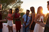 Young adult friends talk at a party on a rooftop at sunset