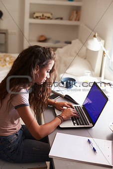 Teenage girl using laptop at a desk in her bedroom, vertical