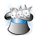 Hat of the magician with three rabbits. Vector illustration
