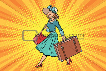 retro traveler girl with a suitcase