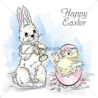 Easter card with rabbit and newborn chicken