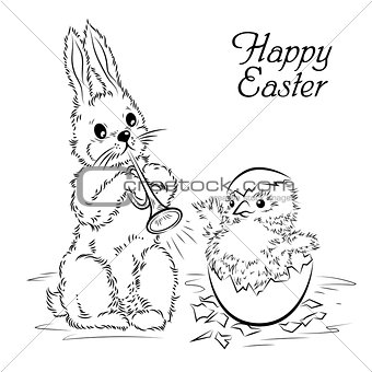 Easter card with rabbit and newborn chicken. Vector illustration