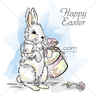 Easter card with rabbit with box and rose