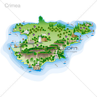 Drawing of color Crimea tourist map. Vector illustration