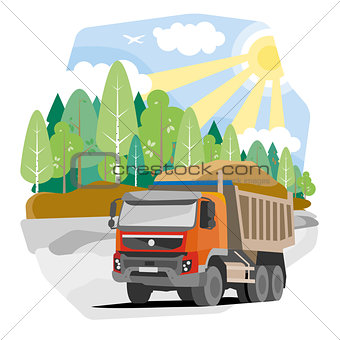 Drawing red dump truck sand, vector illustration