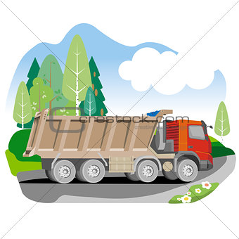 Drawing red tipper dump truck in summer background