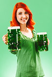 Redhead woman with two huge green beers