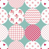 Tile patchwork vector pattern with polka dots, plaid and strips on pastel background