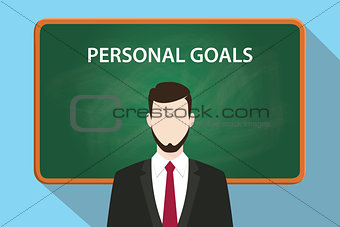 personal goals white text illustration with a beard man wearing black suit standing in front of green chalk board