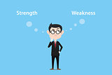 illustration of a man thinking about strength or weakness with white text and blue background