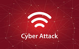 cyber attacks white text illustration with constellation map on red background and signal bar icon