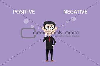 confuse about positive negative effects illustration with a man wearing black suit and eyeglass and white text on top of his head