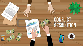 conflict resolution concept illustration with two people discuss and money, paperworks, folder document and vase on top of table