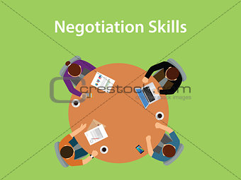 negotiation skills illustration with four people discuss in one table with paperworks, coffee and laptop on top of table