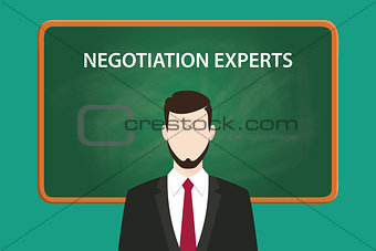 negotiation experts white text illustration with a beard man wearing black suit standing in front of green chalk board