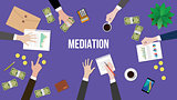 mediation concept discussion illustration with people discuss in a meeting with paperworks, money and coins on top of table