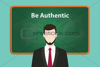 be authentic white text illustration on green chalk board with beard man wearing black suit standing in front of the board
