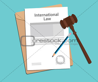 international law agreement stamped with folder document, blue pencil and judge hammer