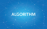 algorithm white text illustration with blue constellation as background
