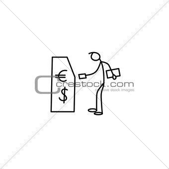 Cartoon icon of sketch little stick figure man withdrawing money from cash machine