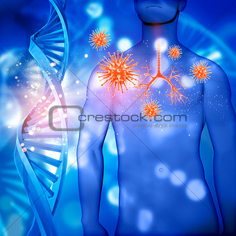 3D medical male figure with bronchus highlighted and virus cells