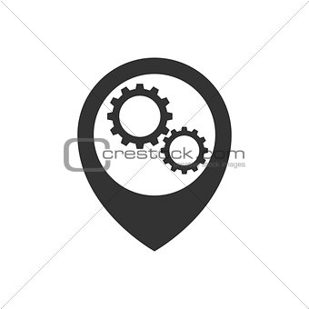 Map pointer with gears inside icon