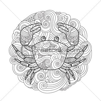 Coloring page. Ornate crab in circle, mandala isolated on white background.