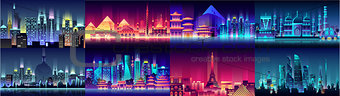 Brazil Russian France, Japan, India, Egypt China USA city night neon style architecture buildings town country travel