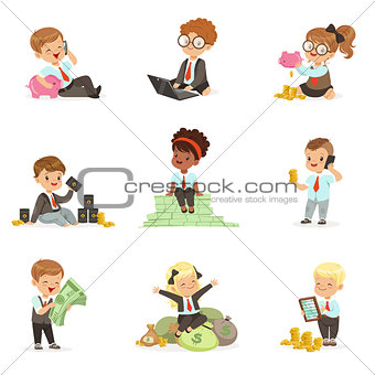 Kids In Financial Business Set Of Cute Boys And Girls Working As Businessman Dealing With Big Money