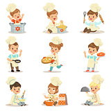 Small Kids In Chief Double-Brested Coat And Toque Hat Cooking Food And BAking Set OF Cute Cartoon Characters Preparing Meal