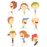 Small Kids Playing And Running, Having Fun On Summer Vacation Outdoors Series Of Cool Cartoon Characters