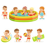 Small Children Having Fun In Water Of The Pool With Floats And Inflatable Toys In Colorful Swimsuit Collection Of Happy Cute Cartoon Characters