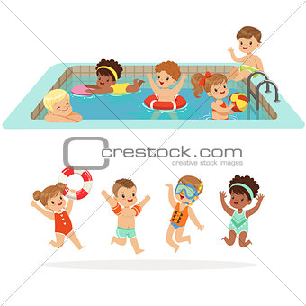 Small Children Having Fun In Water Of The Pool With Floats And Inflatable Toys In Colorful Swimsuit Set Of Happy Cute Cartoon Characters