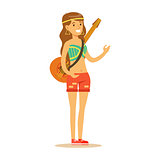 Girl Hippie Dressed In Classic Woodstock Sixties Hippy Subculture Clothes With Guitar On Shoulder Belt