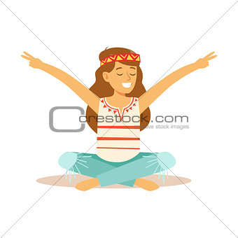 Girl Hippie Dressed In Classic Woodstock Sixties Hippy Subculture Clothes Sitting With Her Legs Crossed And Showing Peace Gesture