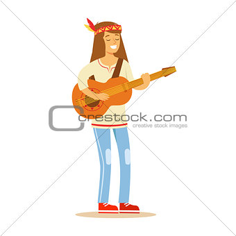 Guy Hippie Dressed In Classic Woodstock Sixties Hippy Subculture Clothes Standing Playing Guitar